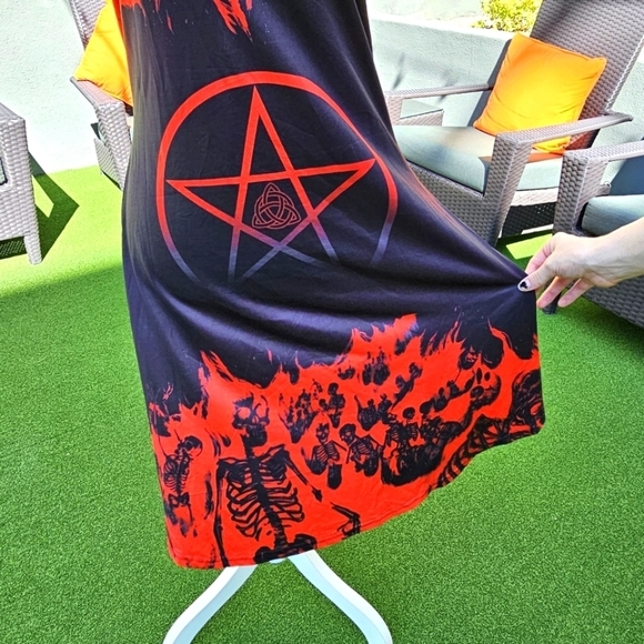 Witchy Gothic ✦ Skull & Pentacle Print A-Line Dress ✦ O-Ring Straps ✦ Red/Black - Picture 6 of 17